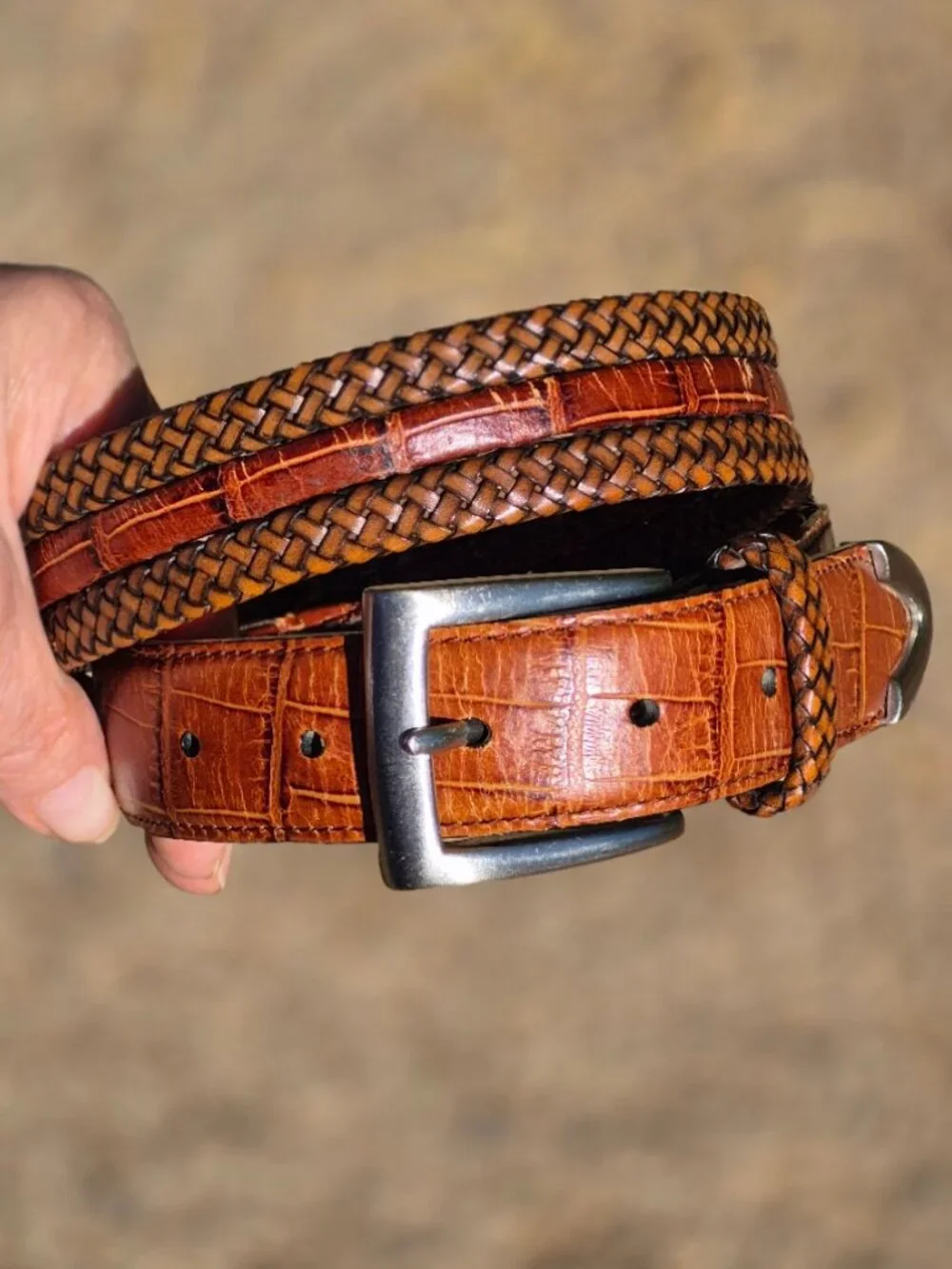Brighton Braided Two Tone Leather Belt with Moc Croc Accents